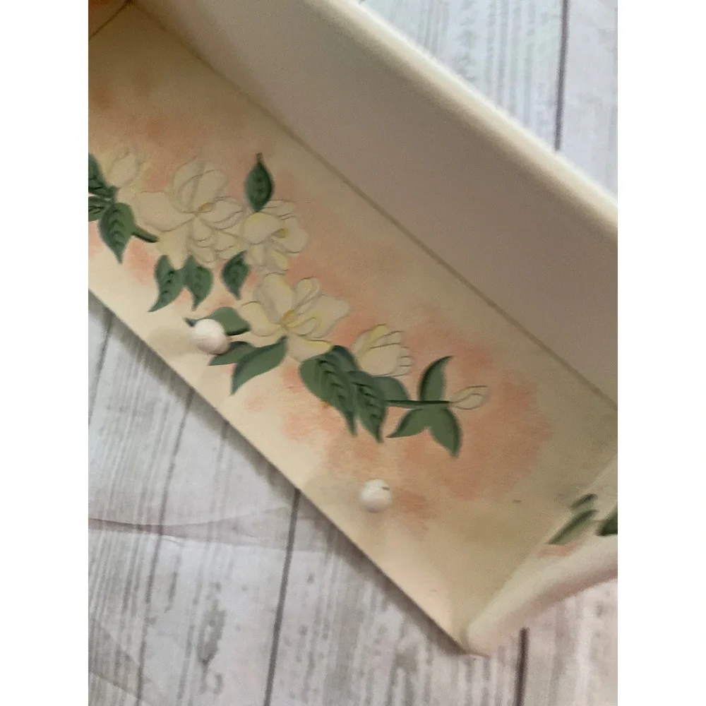 Vintage Hand Painted Wood Wall Shelf Magnolia Floral 4 Pegs Cream Cottagecore